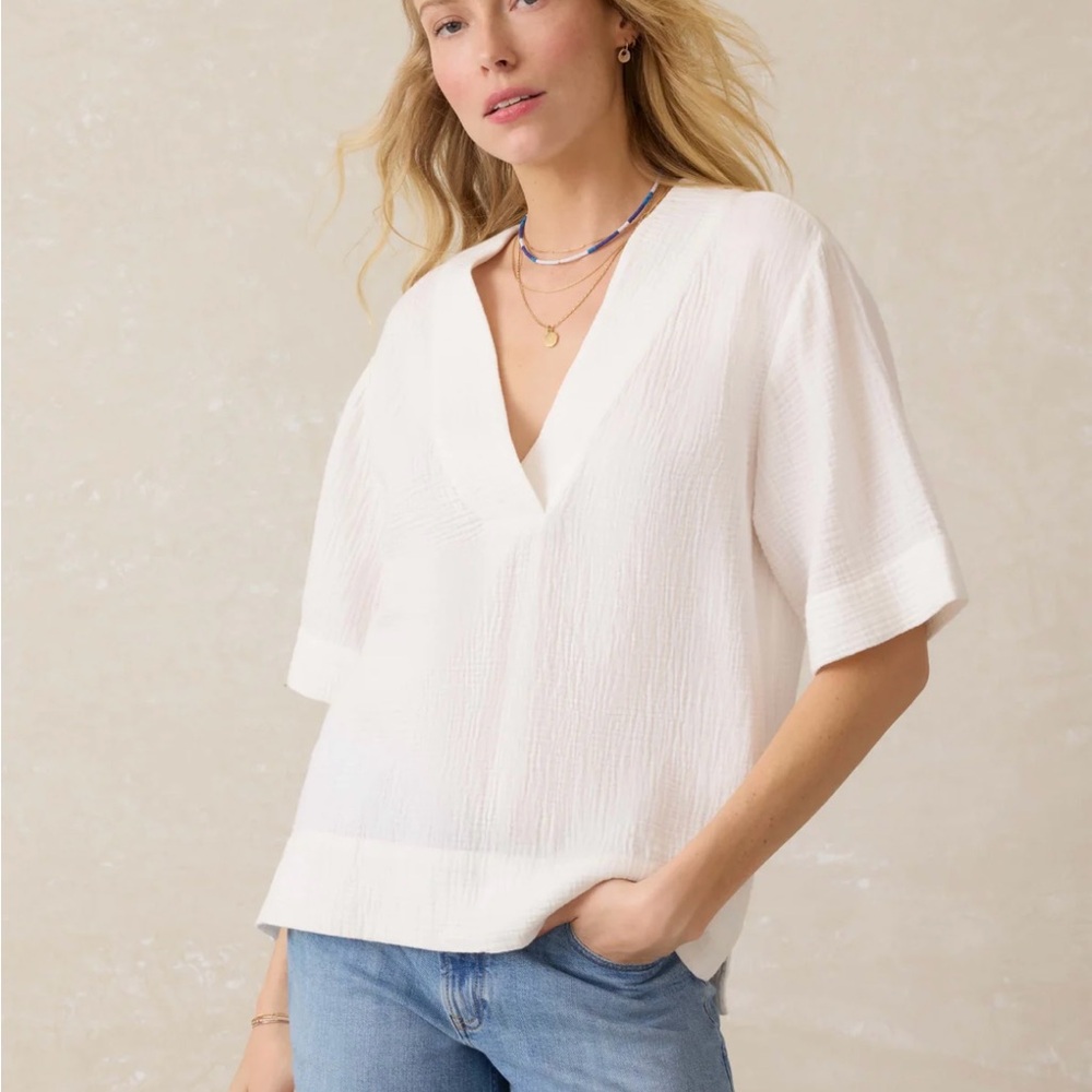 Faherty Dune Organic Cotton Gauze Short Sleeve Popover - White